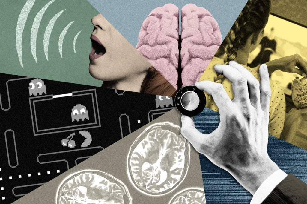 Illustration of a hand reaching out to adjust a dial that sits in the middle of several images depicting brain activity and various behaviors.