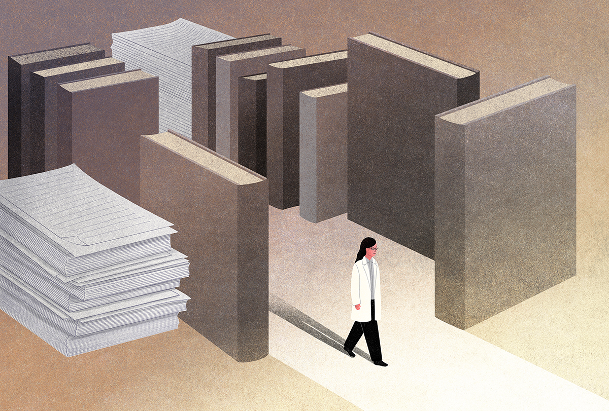 A figure in a lab coat walks between rows of giant books.